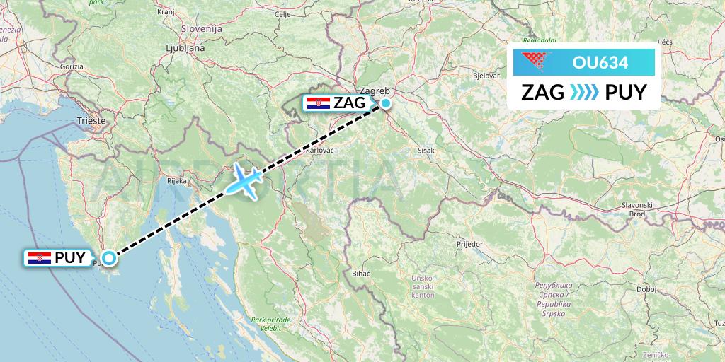 OU634 Croatia Airlines Flight Map: Zagreb to Pula