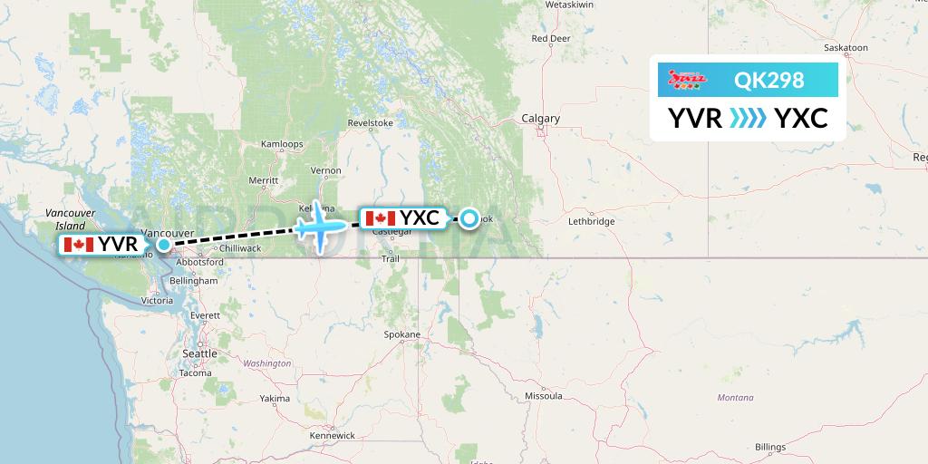 QK298 Jazz Air Flight Map: Vancouver to Cranbrook