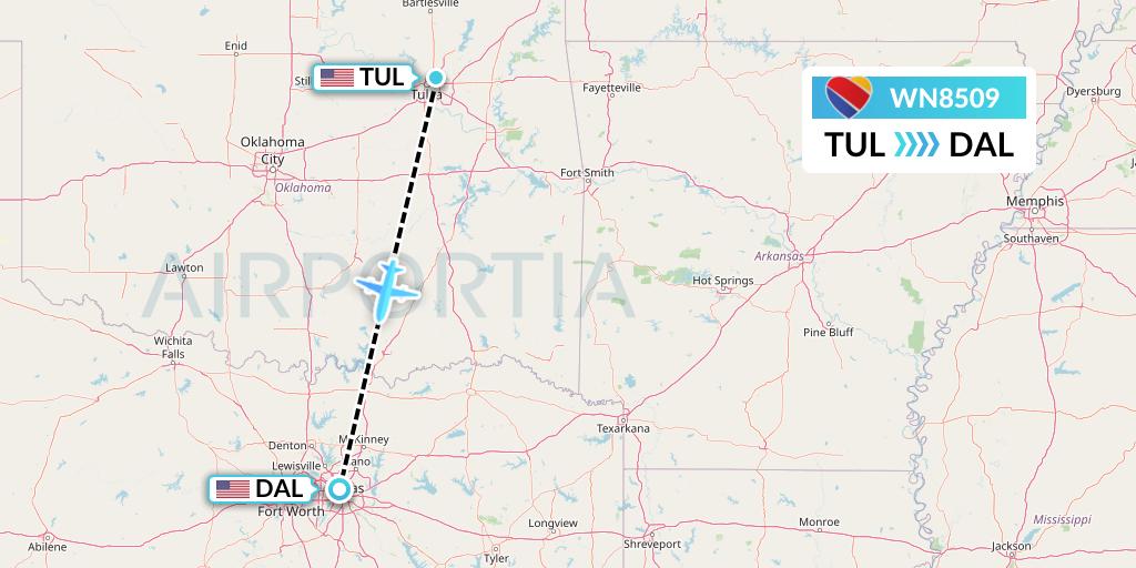 WN8509 Southwest Airlines Flight Map: Tulsa to Dallas