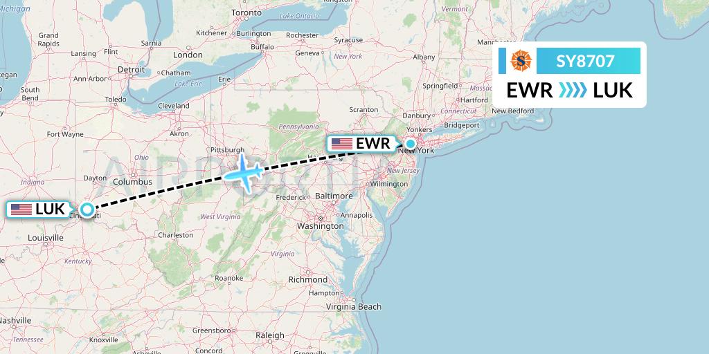SY8707 Sun Country Airlines Flight Map: New York to Cincinnati