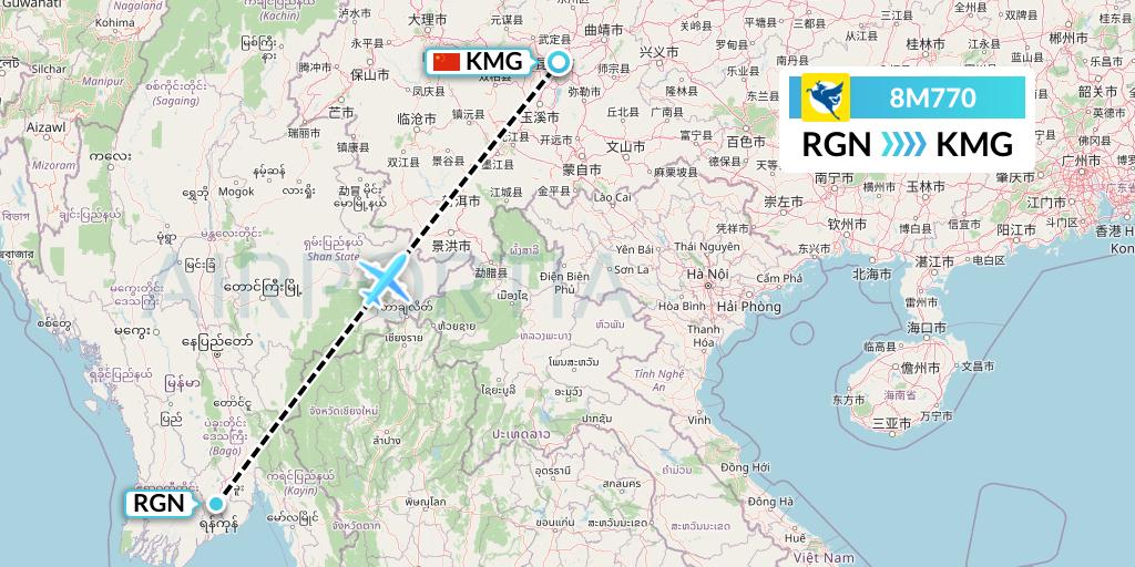 8M770 Myanmar Airways International Flight Map: Yangon to Kunming