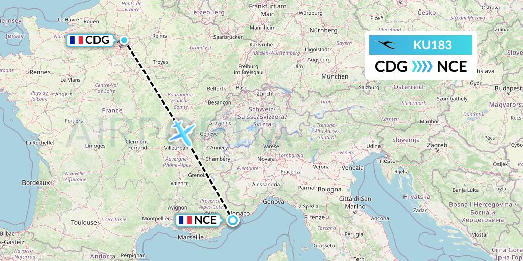 KU183 Kuwait Airways Flight Map: Paris to Nice