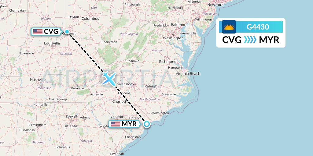 G4430 Allegiant Air Flight Map: Cincinnati to Myrtle Beach