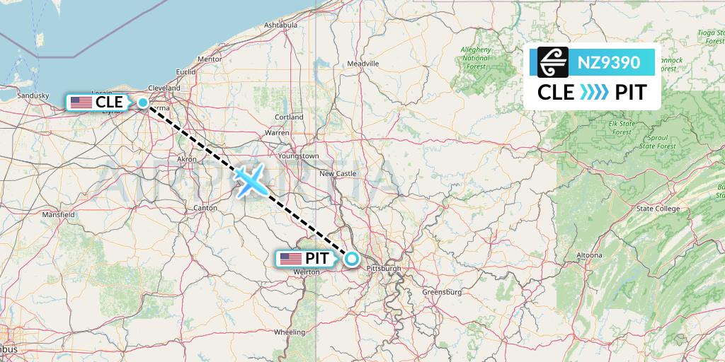 NZ9390 Air New Zealand Flight Map: Cleveland to Pittsburgh