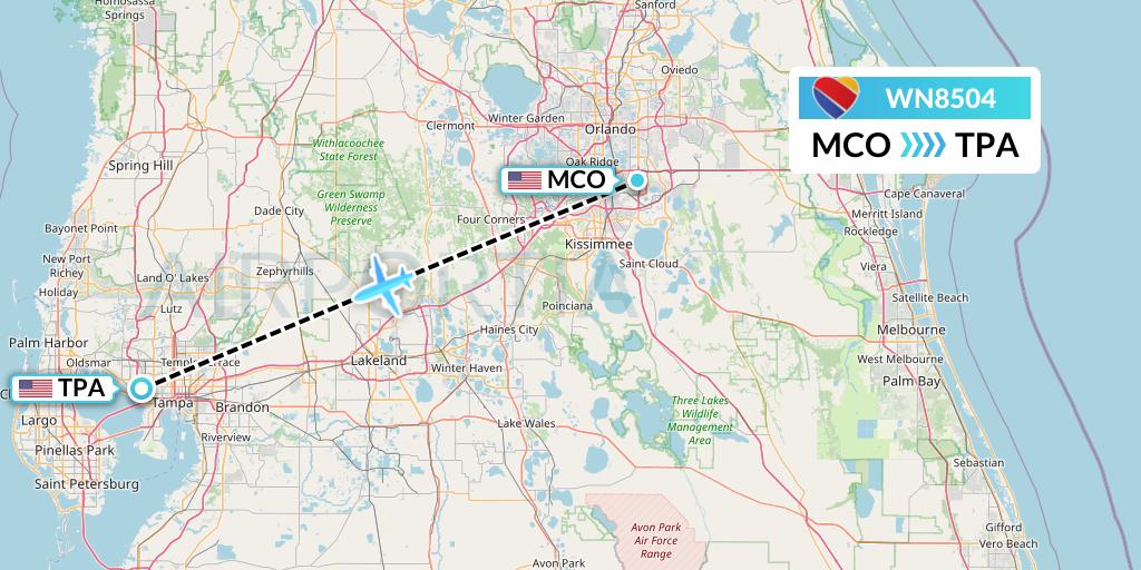 WN8504 Southwest Airlines Flight Map: Orlando to Tampa