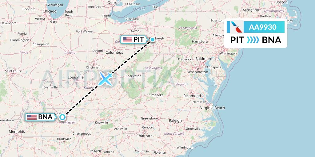AA9930 American Airlines Flight Map: Pittsburgh to Nashville