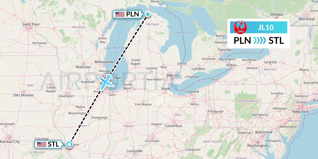 JL10 Japan Airlines Flight Map: Pellston to St. Louis
