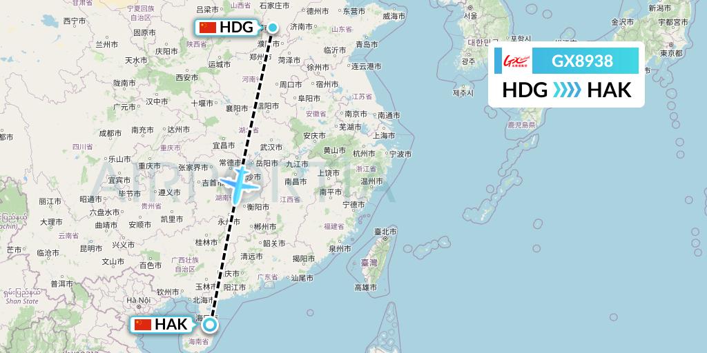GX8938 GX Airlines Flight Map: Handan to Haikou