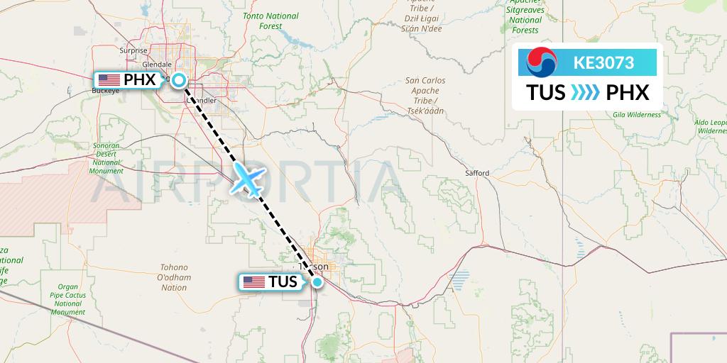 KE3073 Korean Air Flight Map: Tucson to Phoenix