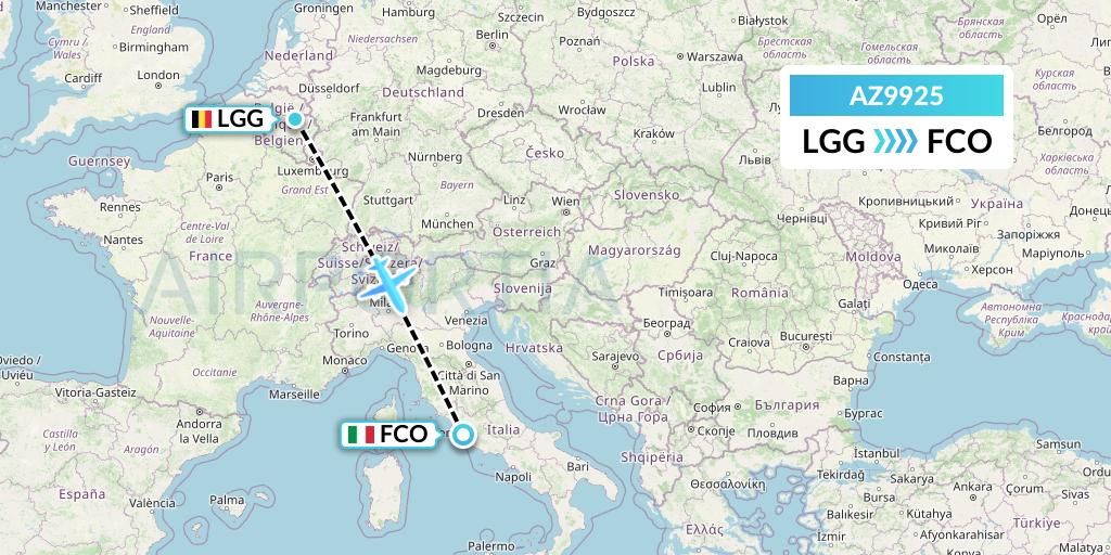 AZ9925 ITA Airways Flight Map: Liege to Rome