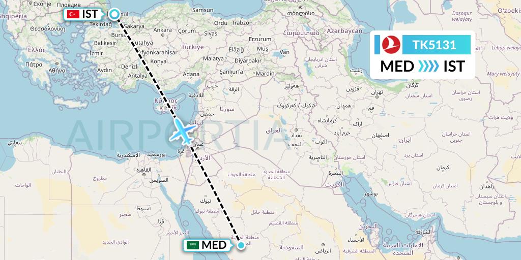 TK5131 Turkish Airlines Flight Map: Medina to Istanbul