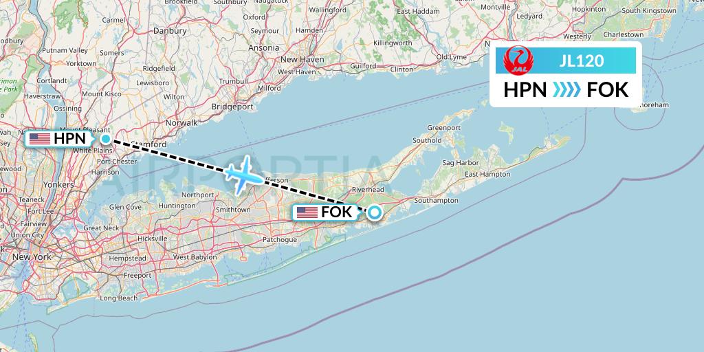 JL120 Japan Airlines Flight Map: White Plains to Westhampton Beach