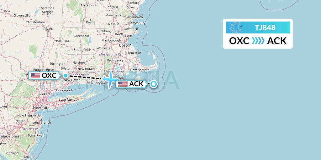 TJ848 Tradewind Aviation Flight Map: Oxford to Nantucket