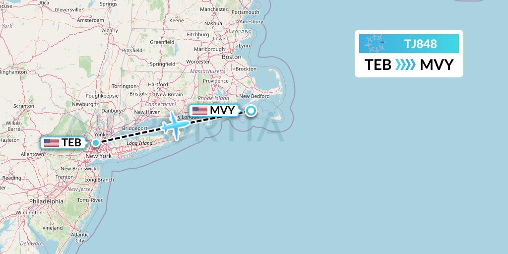 TJ848 Tradewind Aviation Flight Map: Teterboro to Martha's Vineyard