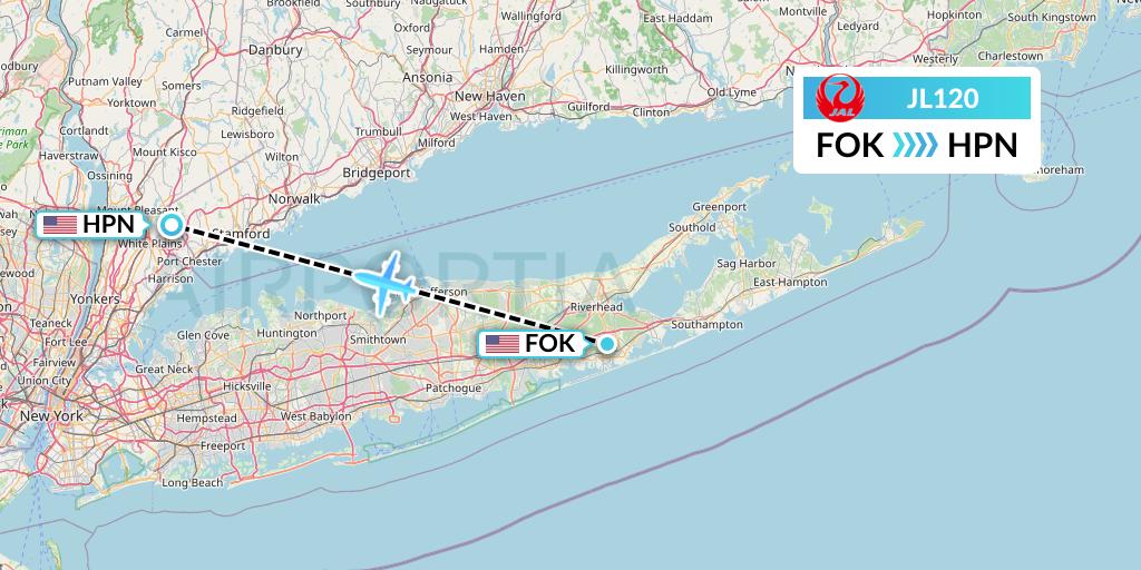 JL120 Japan Airlines Flight Map: Westhampton Beach to White Plains
