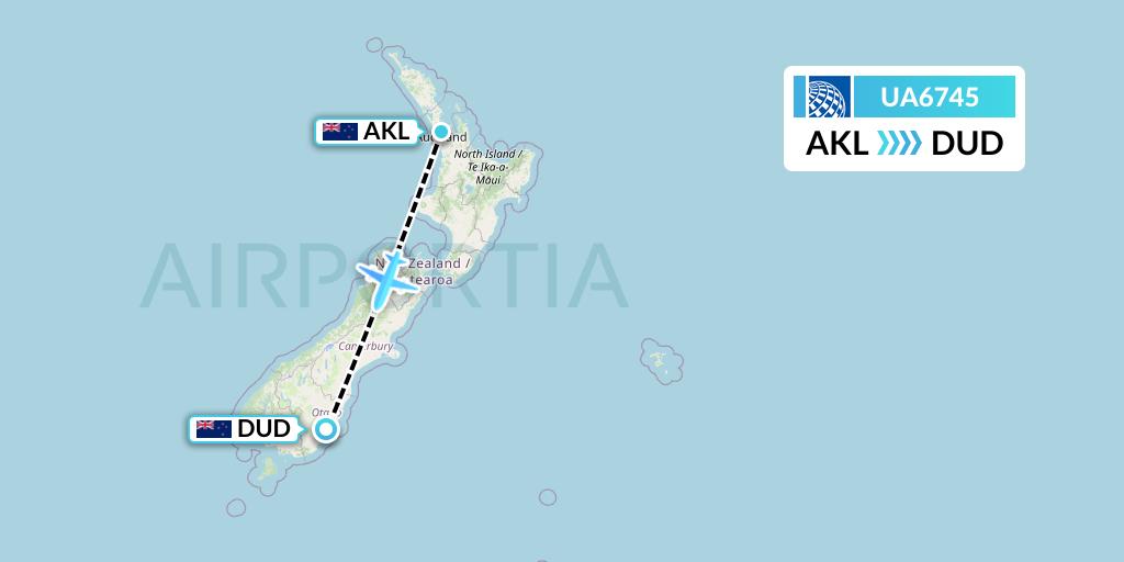 UA6745 United Airlines Flight Map: Auckland to Dunedin