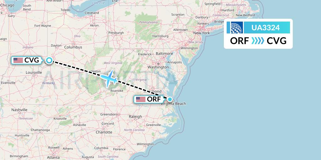 UA3324 United Airlines Flight Map: Norfolk to Cincinnati