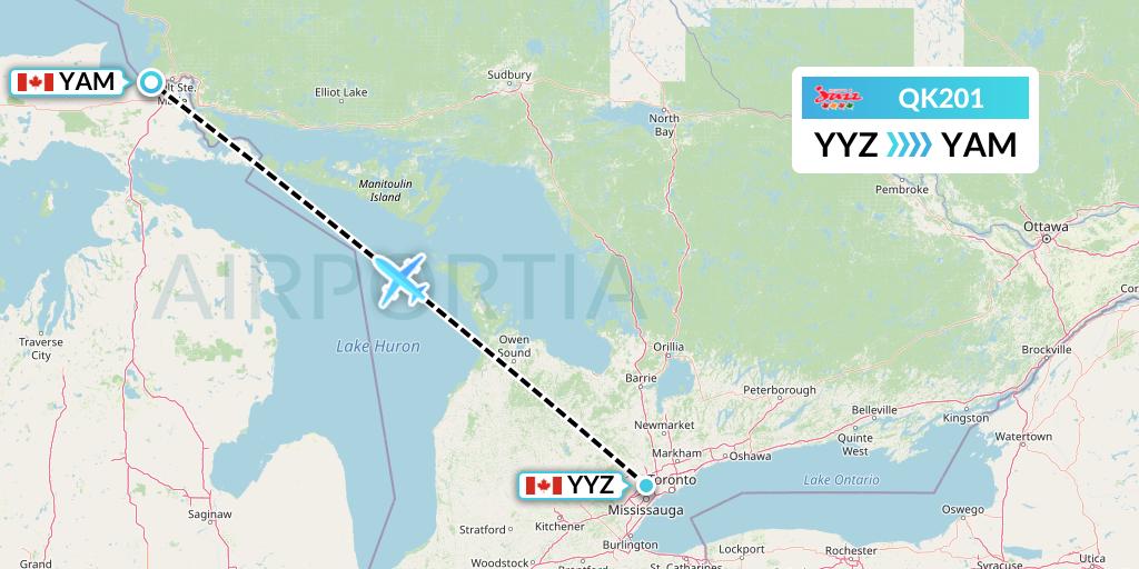 QK201 Jazz Air Flight Map: Toronto to Sault Ste. Marie
