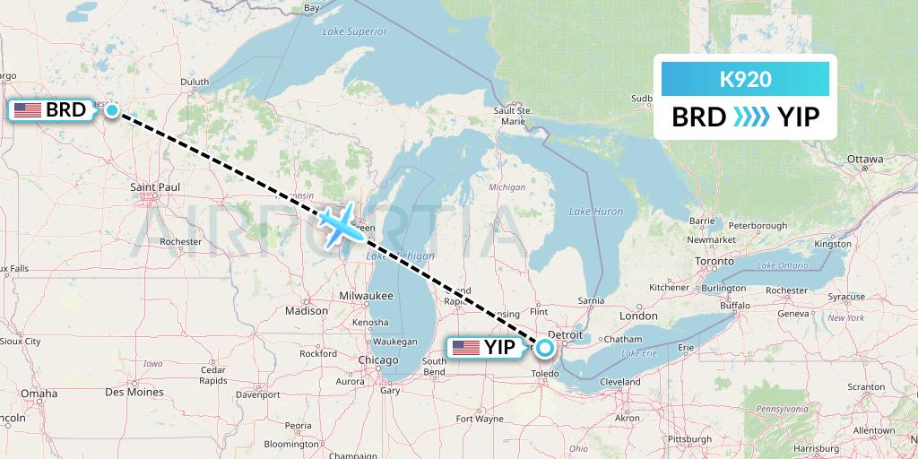 K920 Kalitta Charters Flight Map: Brainerd to Detroit