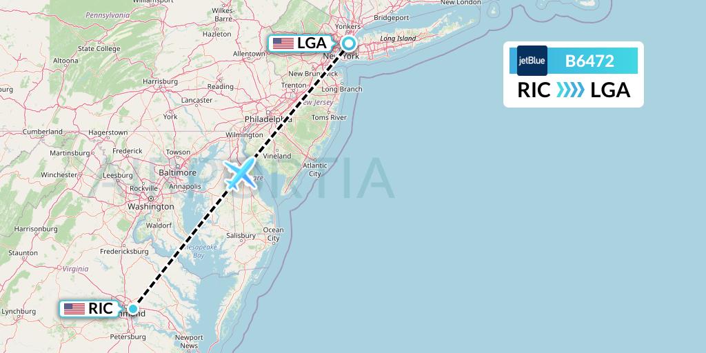 B6472 JetBlue Airways Flight Map: Richmond to New York