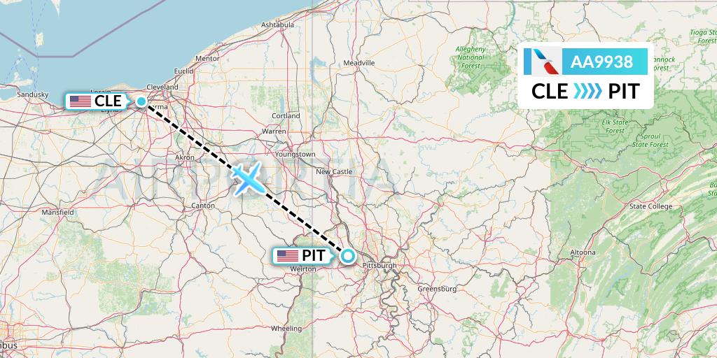 AA9938 American Airlines Flight Map: Cleveland to Pittsburgh