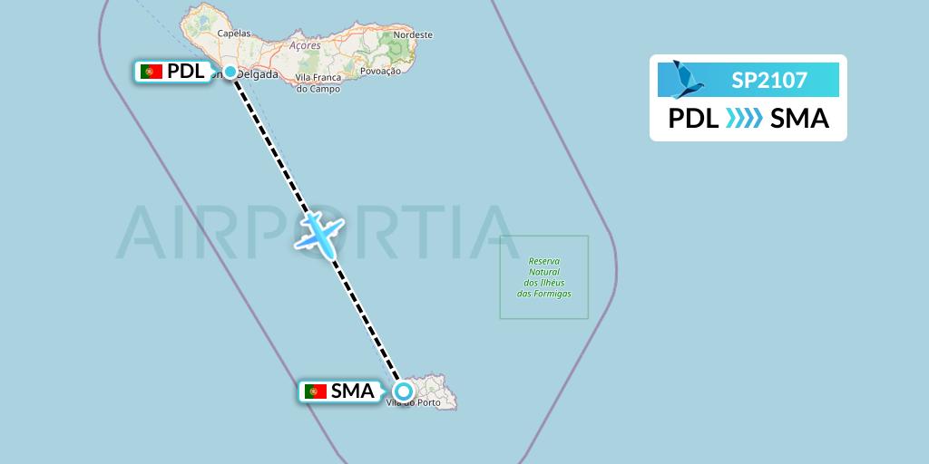 SP2107 SATA Air Acores Flight Map: Ponta Delgada to Santa Maria