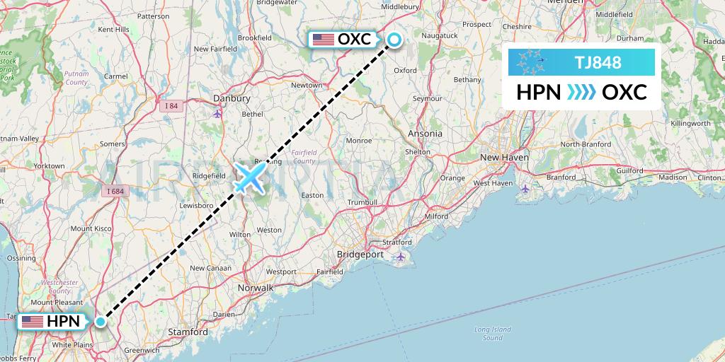 TJ848 Tradewind Aviation Flight Map: White Plains to Oxford