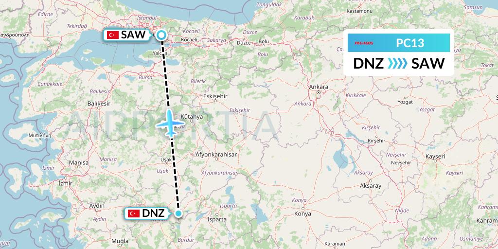 PC13 Pegasus Airlines Flight Map: Cardak to Istanbul