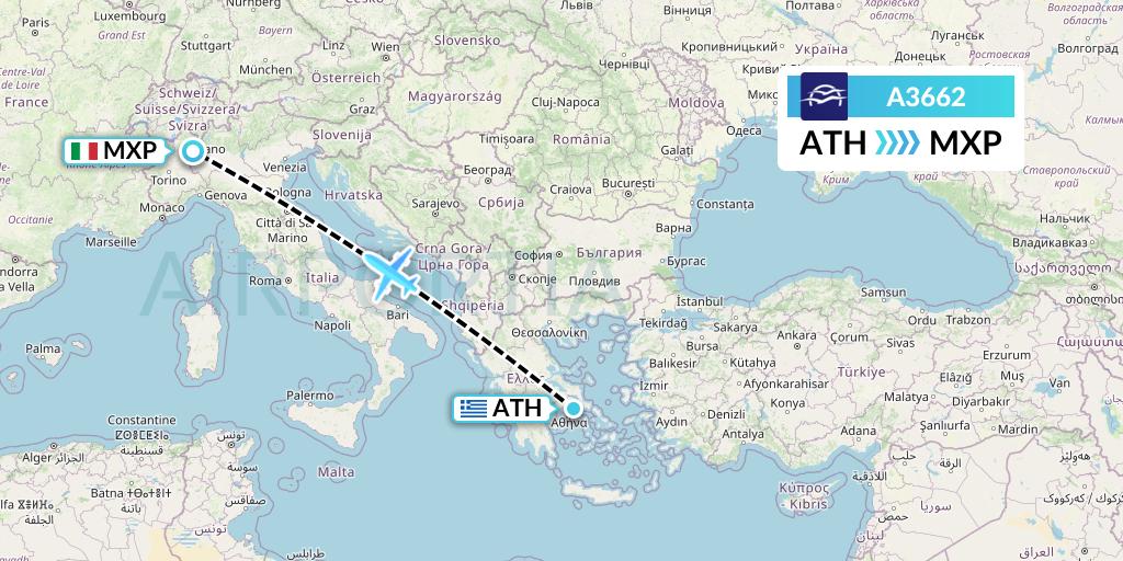 A3662 Aegean Airlines Flight Map: Athens to Milan