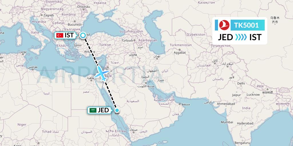 TK5001 Turkish Airlines Flight Map: Jeddah to Istanbul