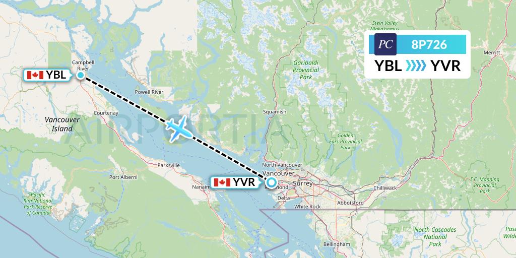 8P726 Pacific Coastal Airlines Flight Map: Campbell River to Vancouver