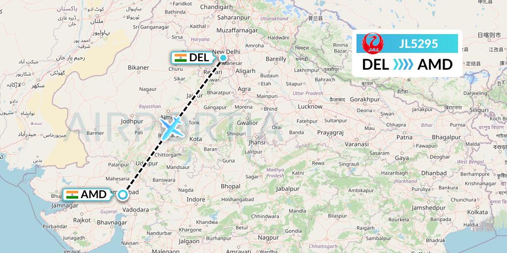 JL5295 Japan Airlines Flight Map: Delhi to Ahmedabad