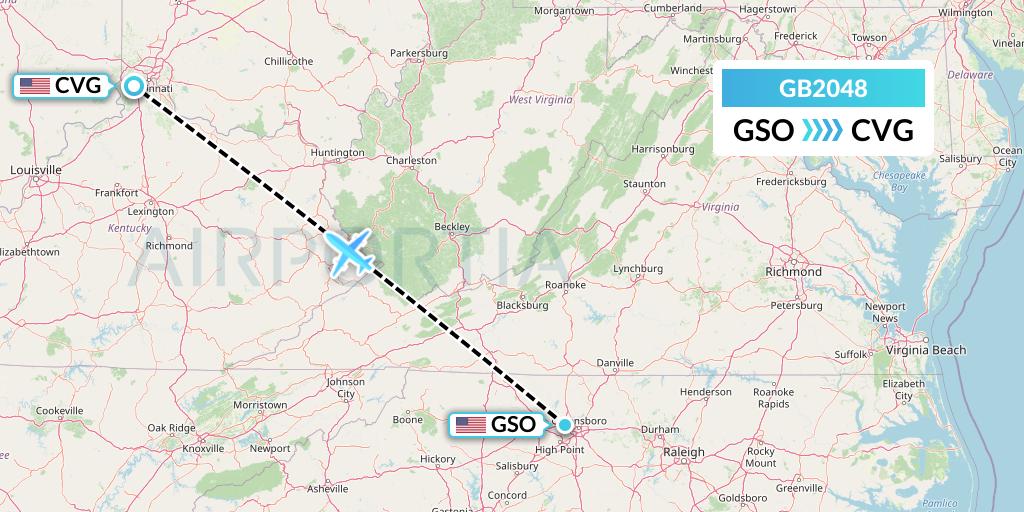GB2048 ABX Air Flight Map: Greensboro to Cincinnati