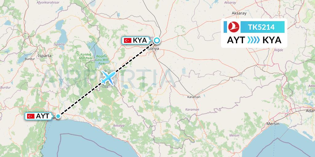 TK5214 Turkish Airlines Flight Map: Antalya to Konya