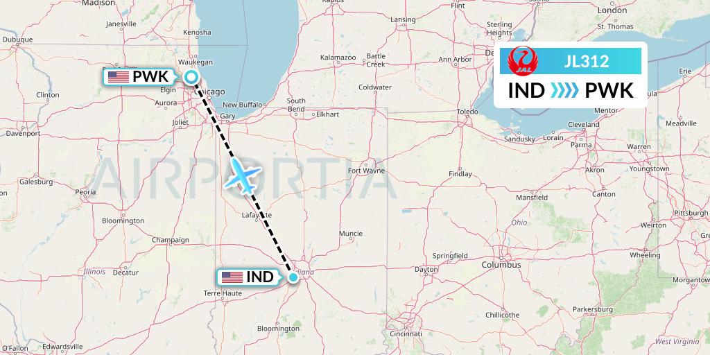 JL312 Japan Airlines Flight Map: Indianapolis to Chicago