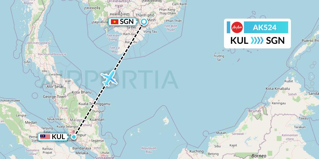 AK524 AirAsia Flight Map: Kuala Lumpur to Ho Chi Minh City