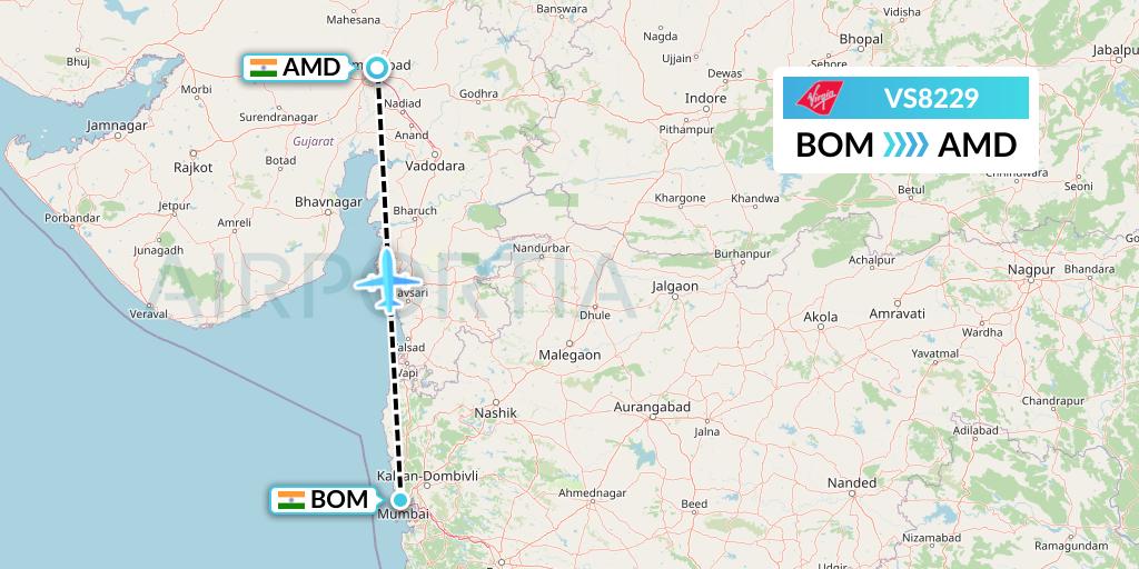 VS8229 Virgin Atlantic Airways Flight Map: Mumbai to Ahmedabad