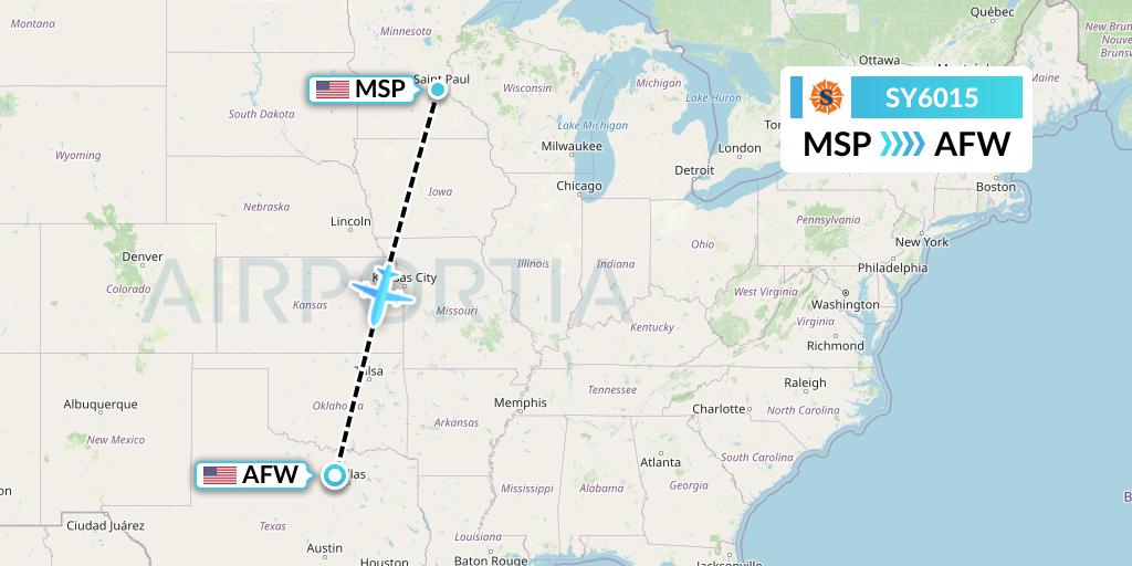 SY6015 Sun Country Airlines Flight Map: Minneapolis to Fort Worth