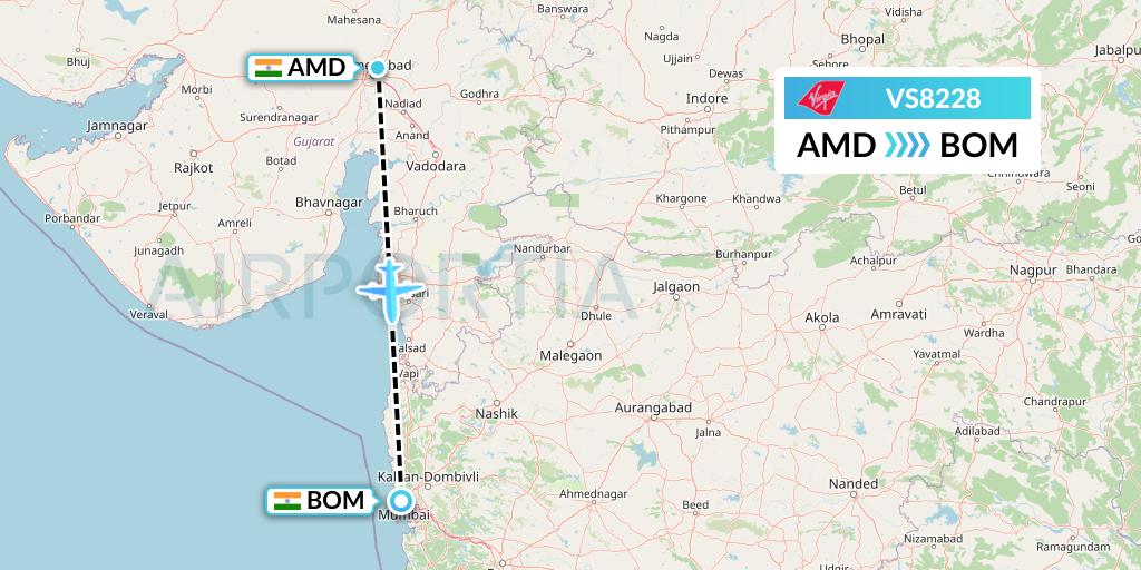 VS8228 Virgin Atlantic Airways Flight Map: Ahmedabad to Mumbai