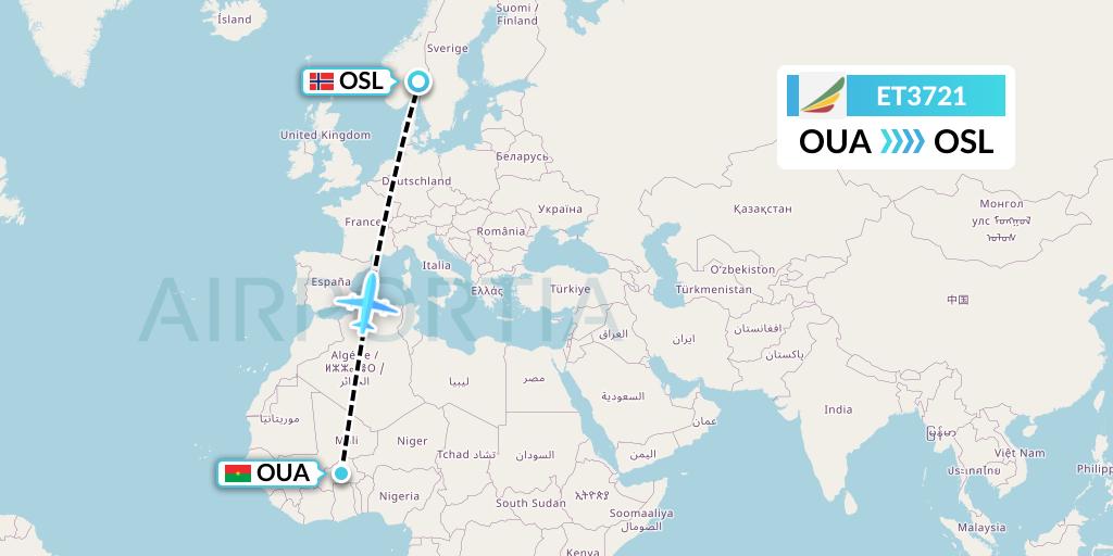 ET3721 Ethiopian Airlines Flight Map: Ouagadougou to Oslo