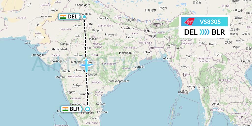 VS8305 Virgin Atlantic Airways Flight Map: Delhi to Bangalore