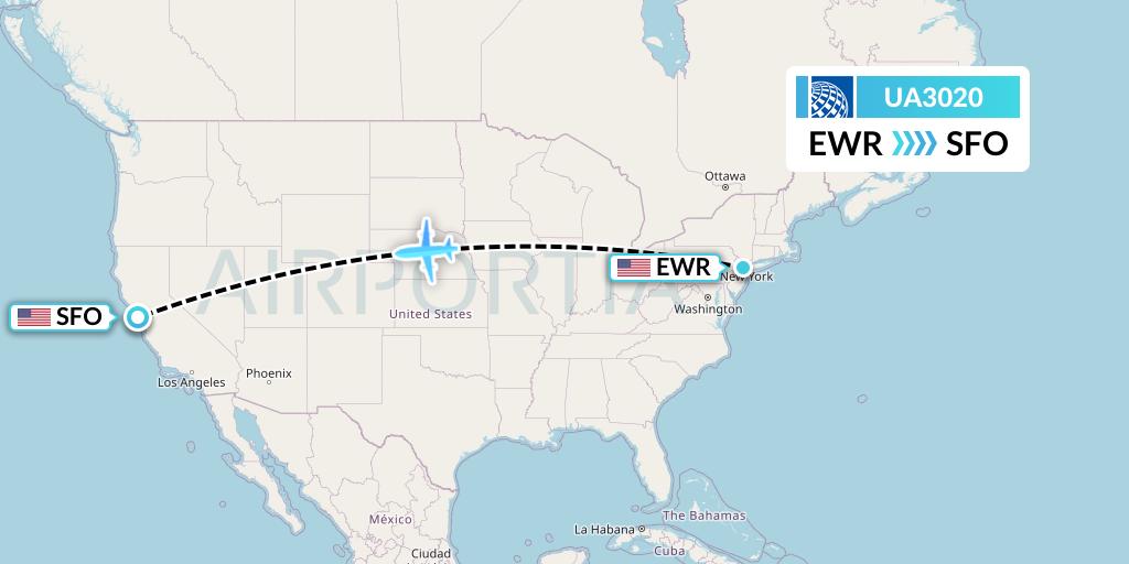 UA3020 United Airlines Flight Map: New York to San Francisco
