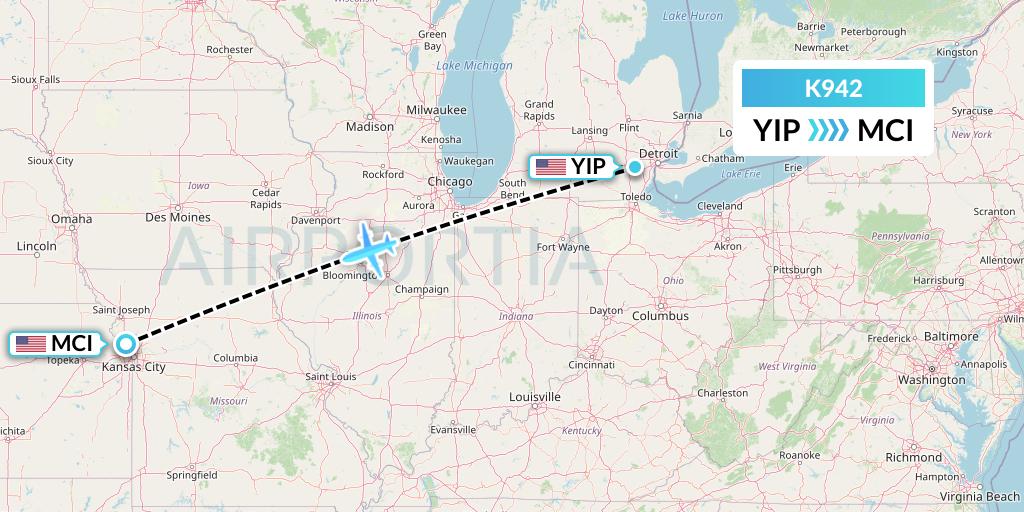 K942 Kalitta Charters Flight Map: Detroit to Kansas City