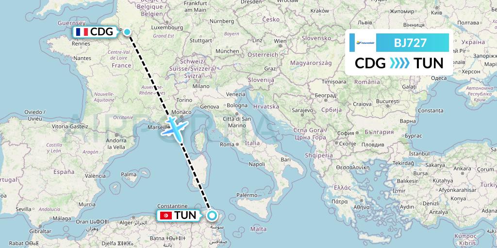 BJ727 Nouvelair Tunisie Flight Map: Paris to Tunis