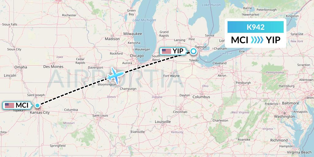 K942 Kalitta Charters Flight Map: Kansas City to Detroit