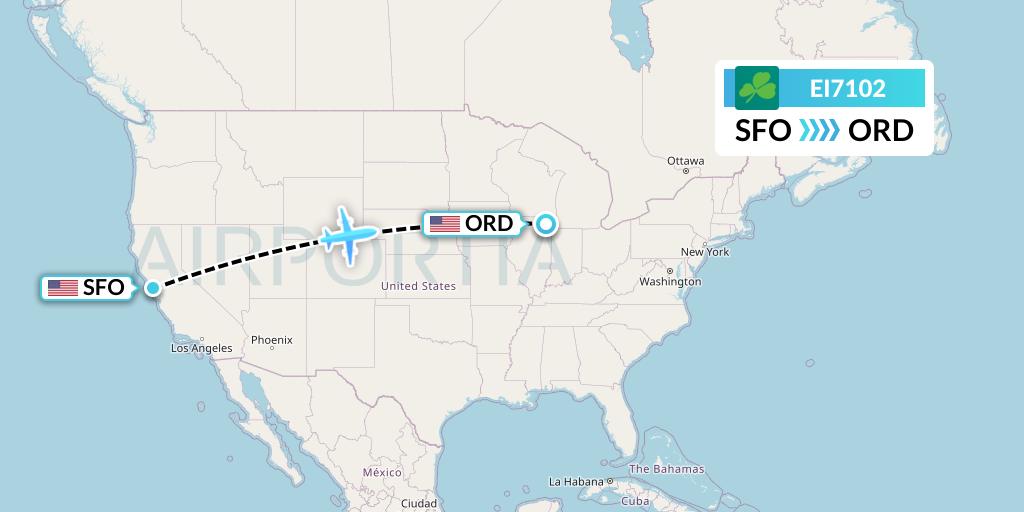 EI7102 Aer Lingus Flight Map: San Francisco to Chicago