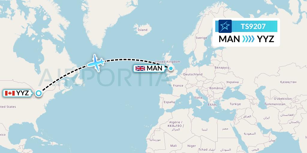 TS9207 Air Transat Flight Map: Manchester to Toronto