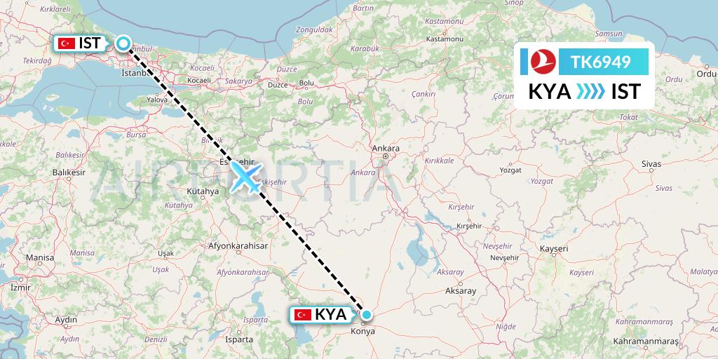 TK6949 Turkish Airlines Flight Map: Konya to Istanbul