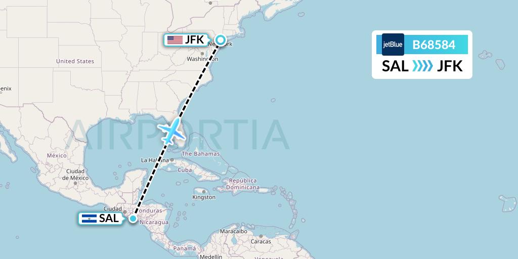 B68584 JetBlue Airways Flight Map: San Salvador to New York