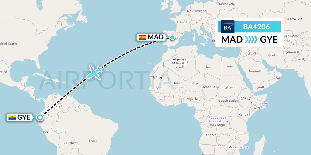 BA4206 British Airways Flight Map: Madrid to Guayaquil